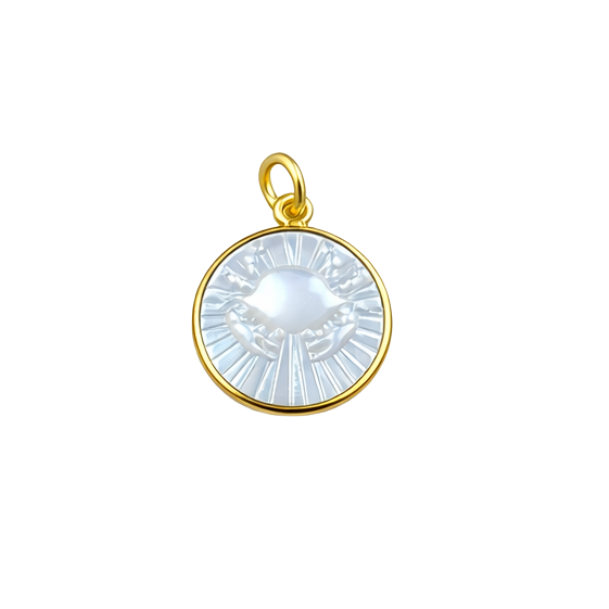Gold pendant with a circular design on a white background