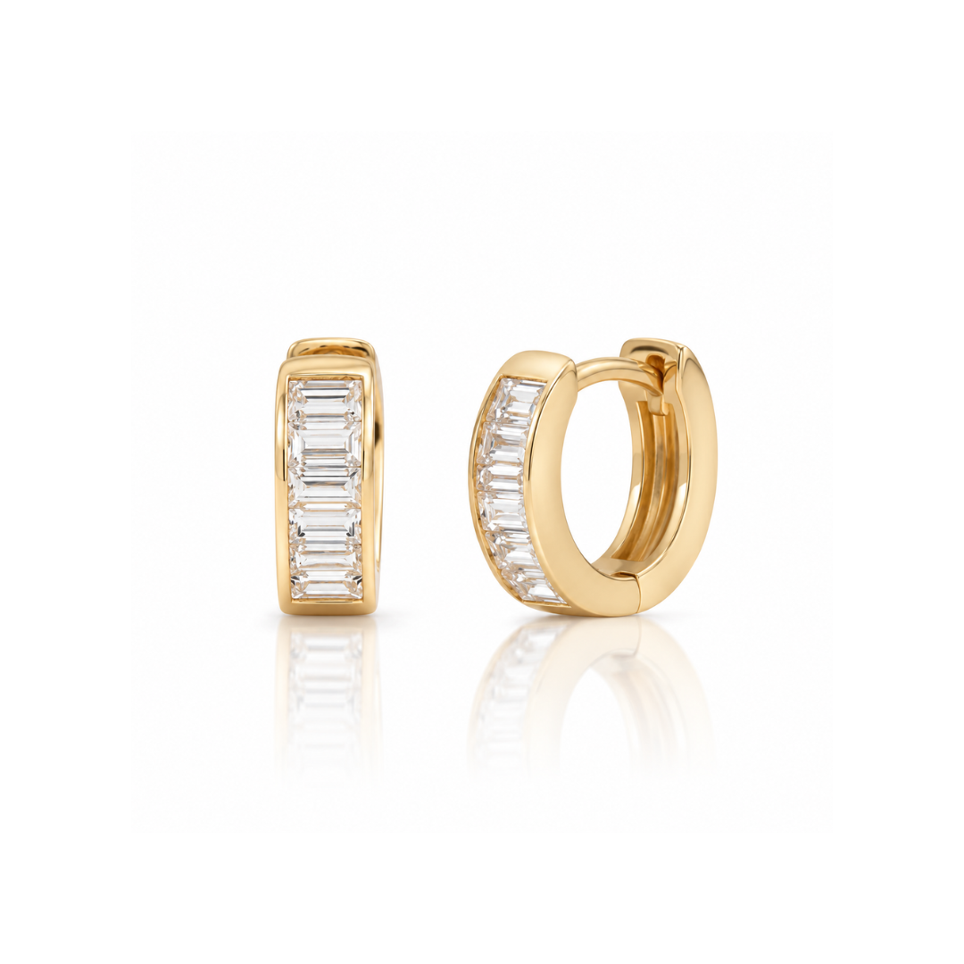 Poppy gold huggie earrings lined with channel-set baguette simulated diamonds – designed in Vermont by Elli Parr