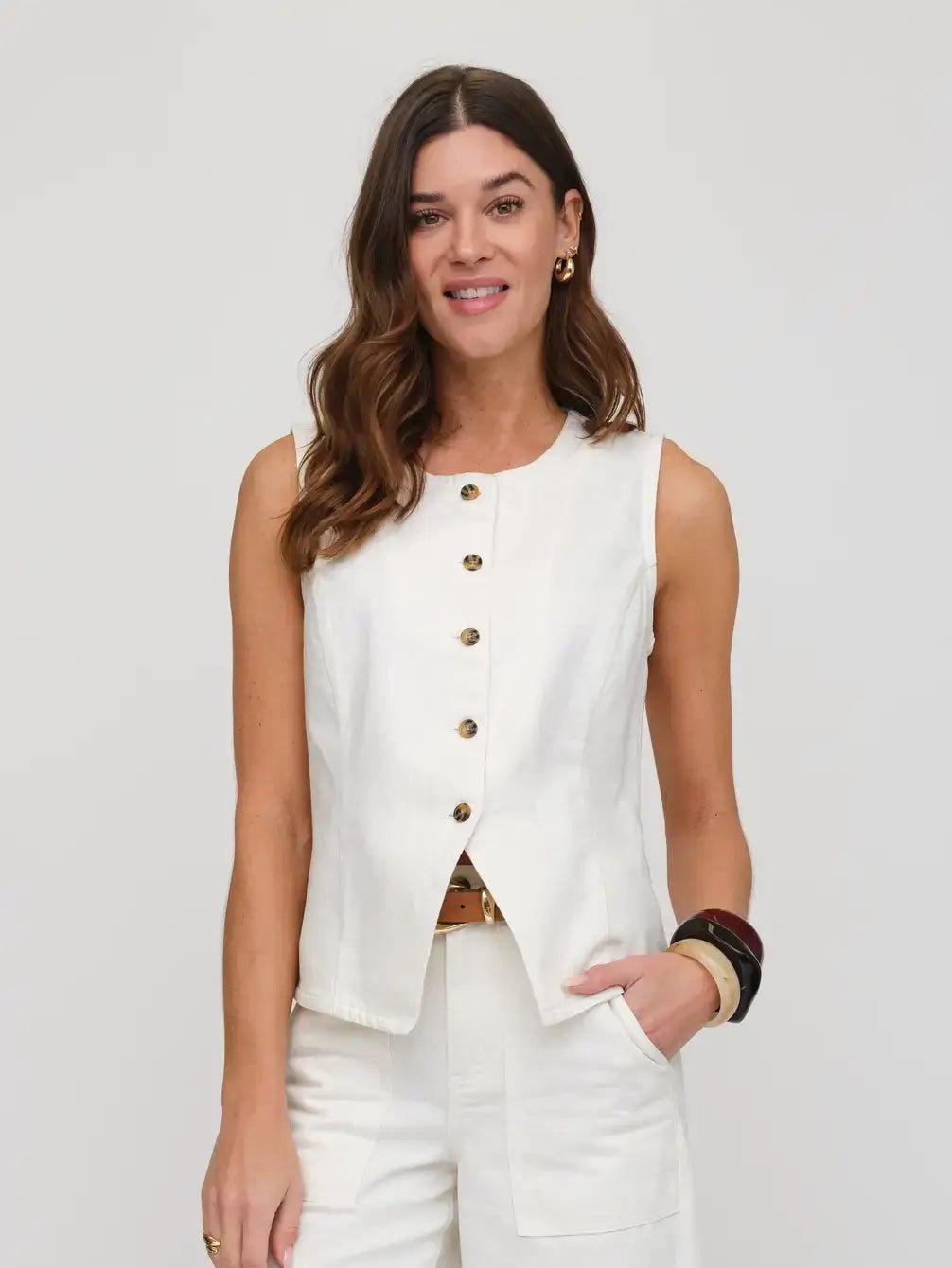 Remmington Denim Button Up Vest, Vanilla - elliparr