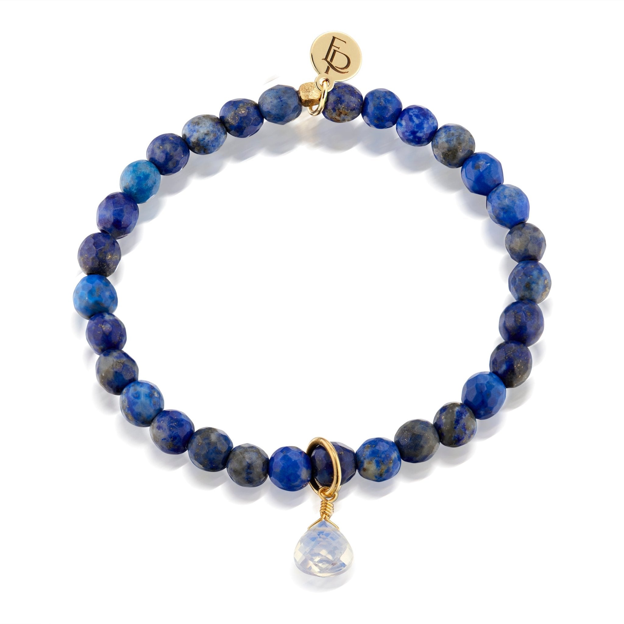natural lapis lazuli gemstone stretch beaded bracelet complimented with 14K gold plated hardware and one single opal teardrop charm. trendy jewelry made in Vermont, perfect for casual wear, date night, work, weddings, gifting, or everyday wear.