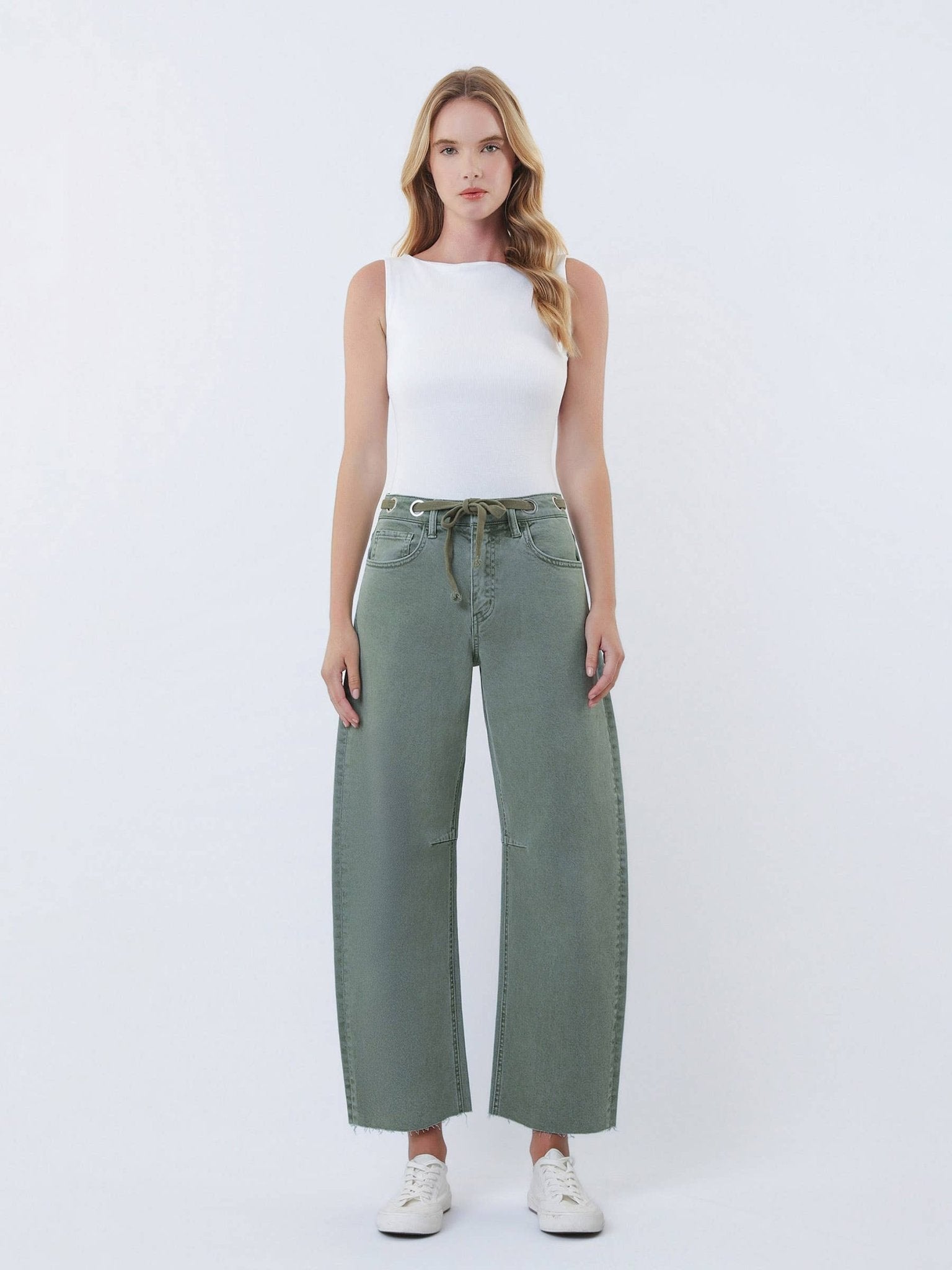 SUPER HIGH RISE DRAWSTRING WB WIDE BARREL JEANS T7041OLV - elliparr