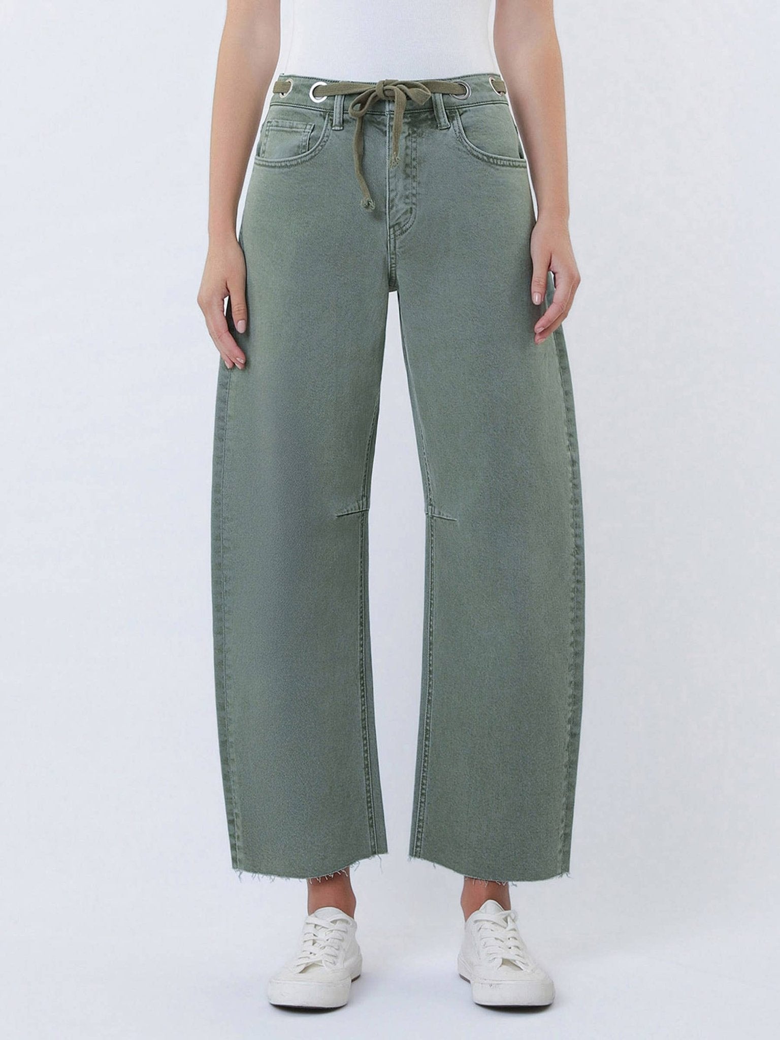 SUPER HIGH RISE DRAWSTRING WB WIDE BARREL JEANS T7041OLV - elliparr