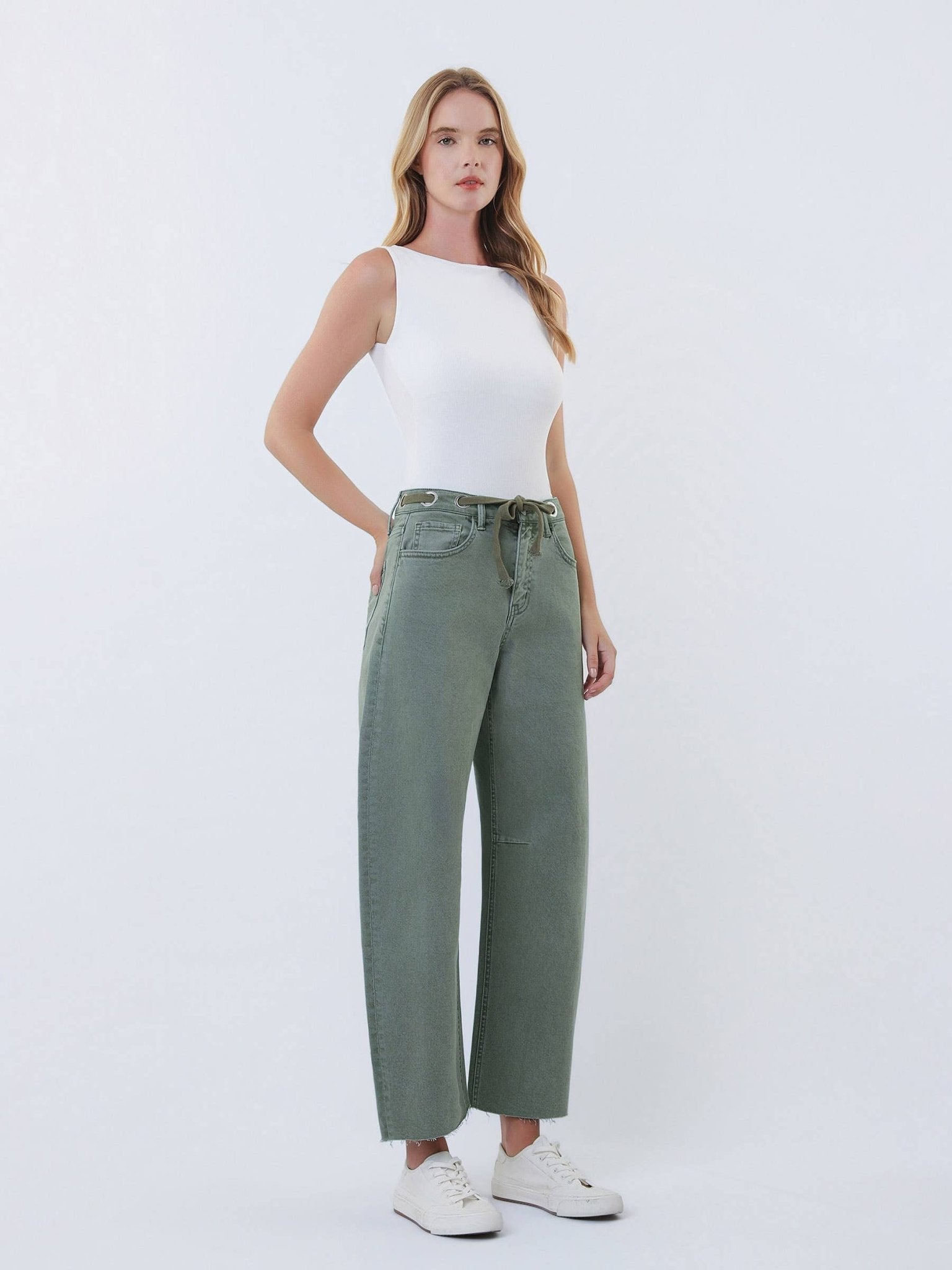 SUPER HIGH RISE DRAWSTRING WB WIDE BARREL JEANS T7041OLV - elliparr