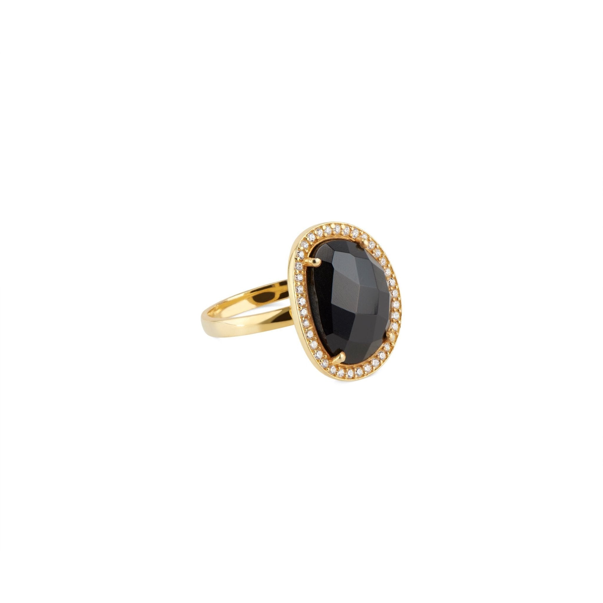 Cosmo pave ring with natural black onyx center stone and CZ border – gemstone ring by Elli Parr