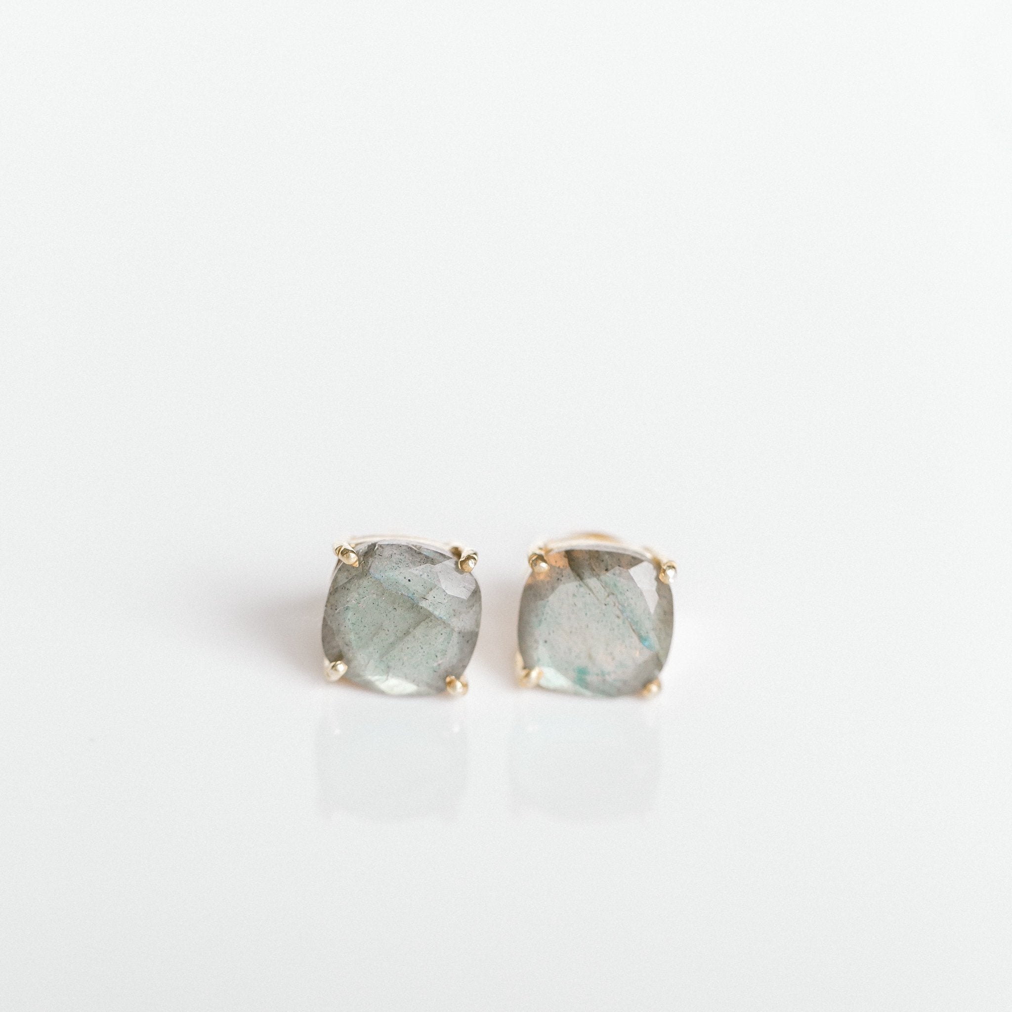 Emmy studs labradorite worn on ear – iridescent gemstone stud earrings Elli Parr