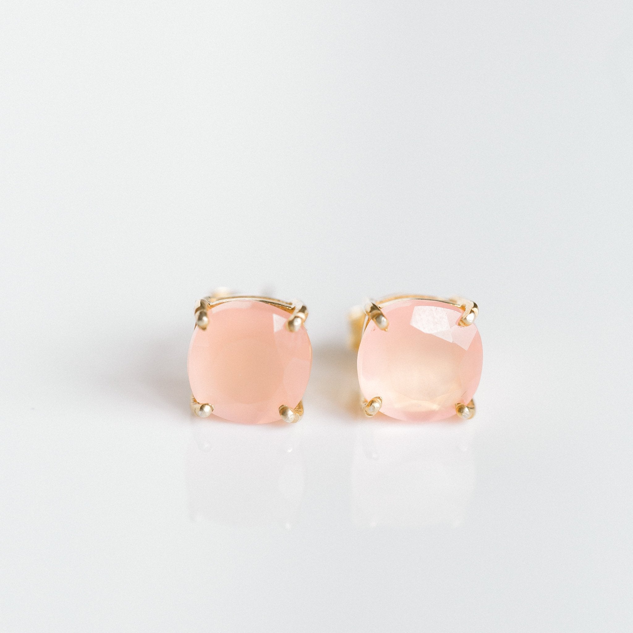 Emmy studs pink chalcedony worn on ear – gold gemstone stud earrings Elli Parr