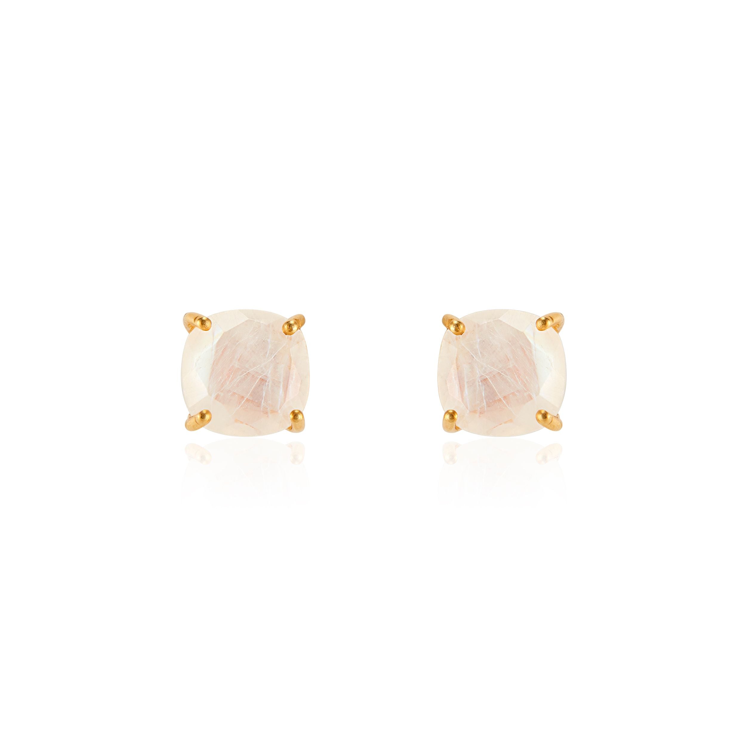 Emmy studs rainbow moonstone cushion cut in four-prong gold setting – gemstone earrings Elli Parr