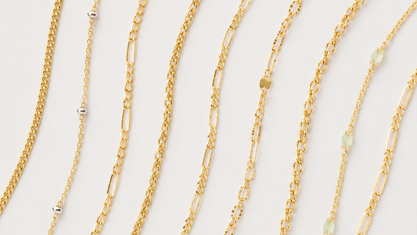 Gold chains of various thicknesses on a light background
