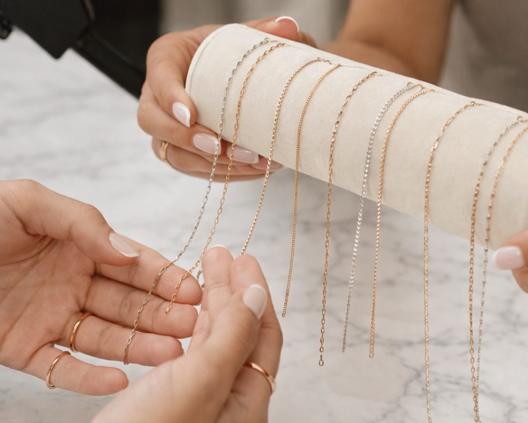 Person holding a roll of gold necklaces with another hand on a marble surface
