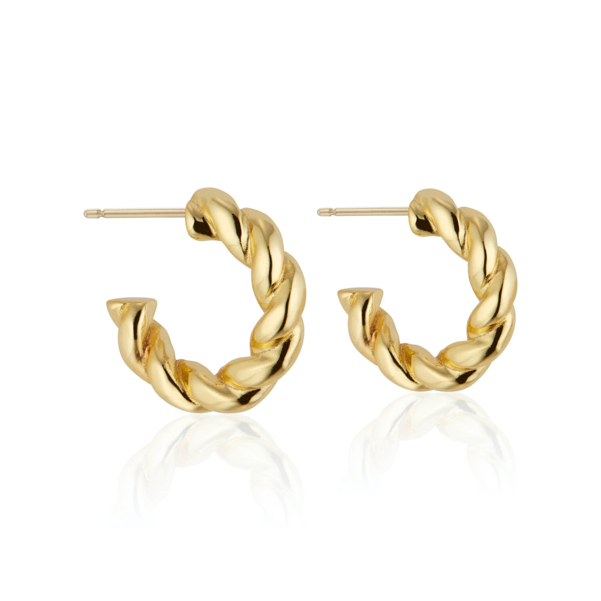 high polished 14K gold plated 925 sterling silver braided style hoops – minimalist trendy jewelry made in Vermont, perfect for casual wear, date night, work, weddings, gifting, or everyday wear.