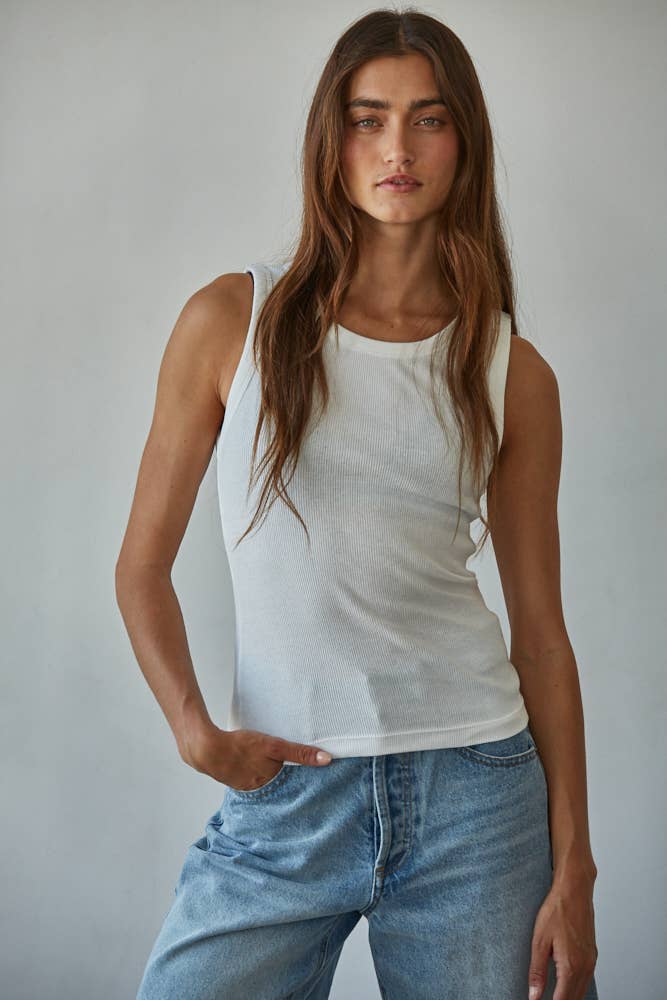 Knit Cotton Ribbed Round Neck Sleeveless Tank Top - elliparr