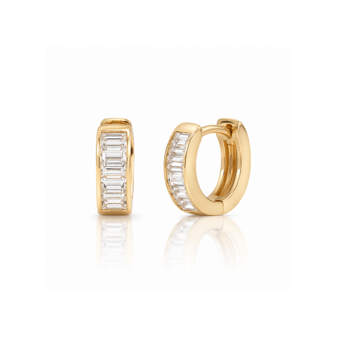 Poppy gold huggie earrings lined with channel-set baguette simulated diamonds – Elli Parr