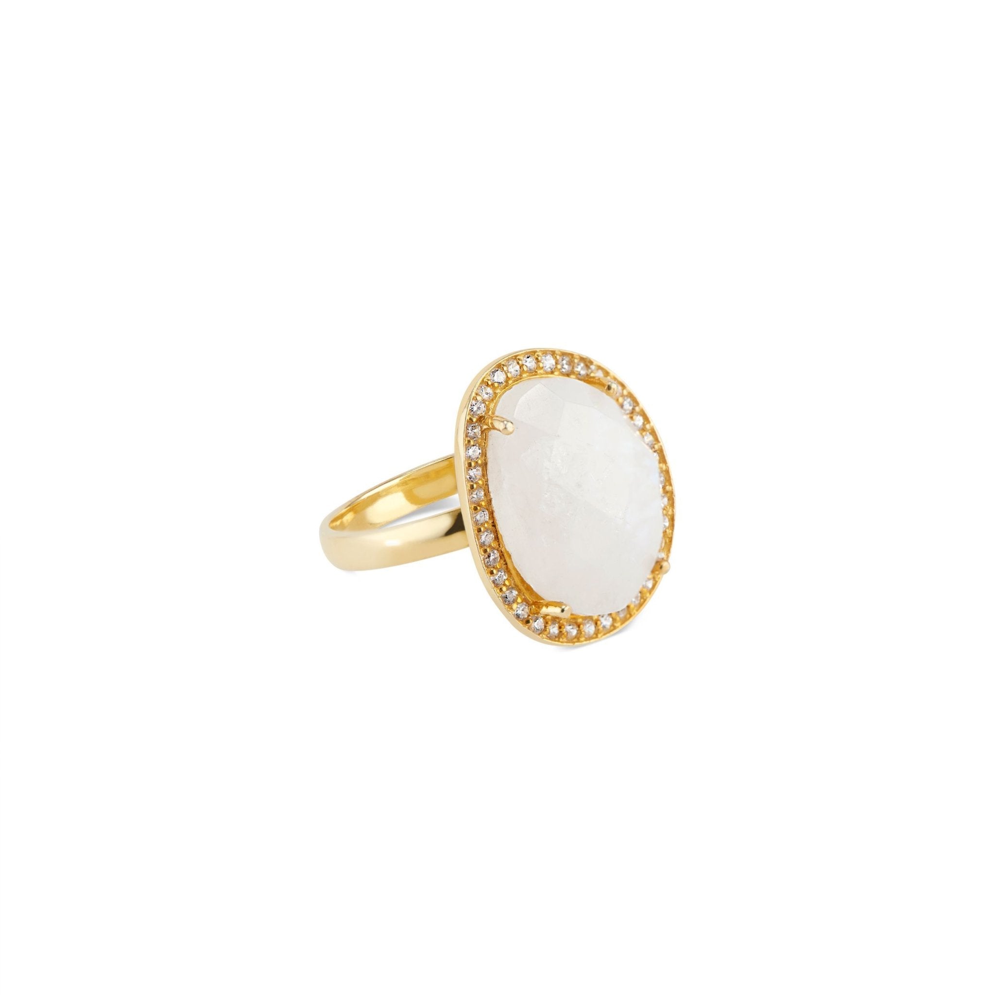 Cosmo pave ring with luminous rainbow moonstone center and CZ border – gemstone ring by Elli Parr