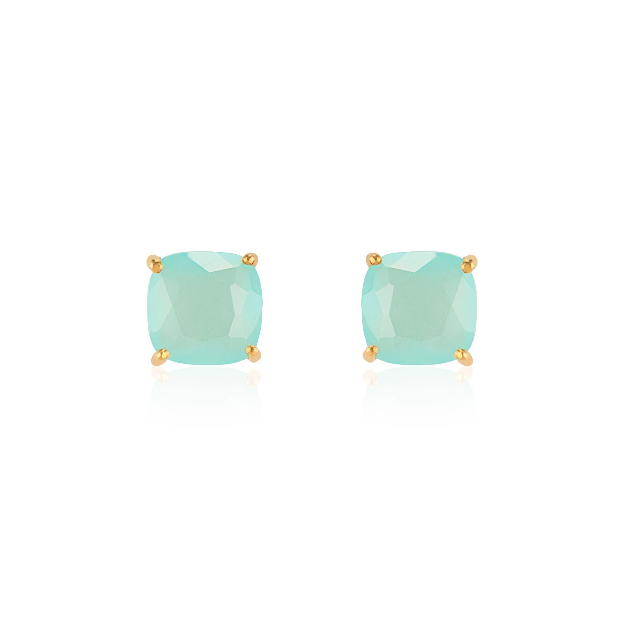 Emmy studs aqua chalcedony cushion cut in four-prong gold setting – natural gemstone earrings Elli Parr