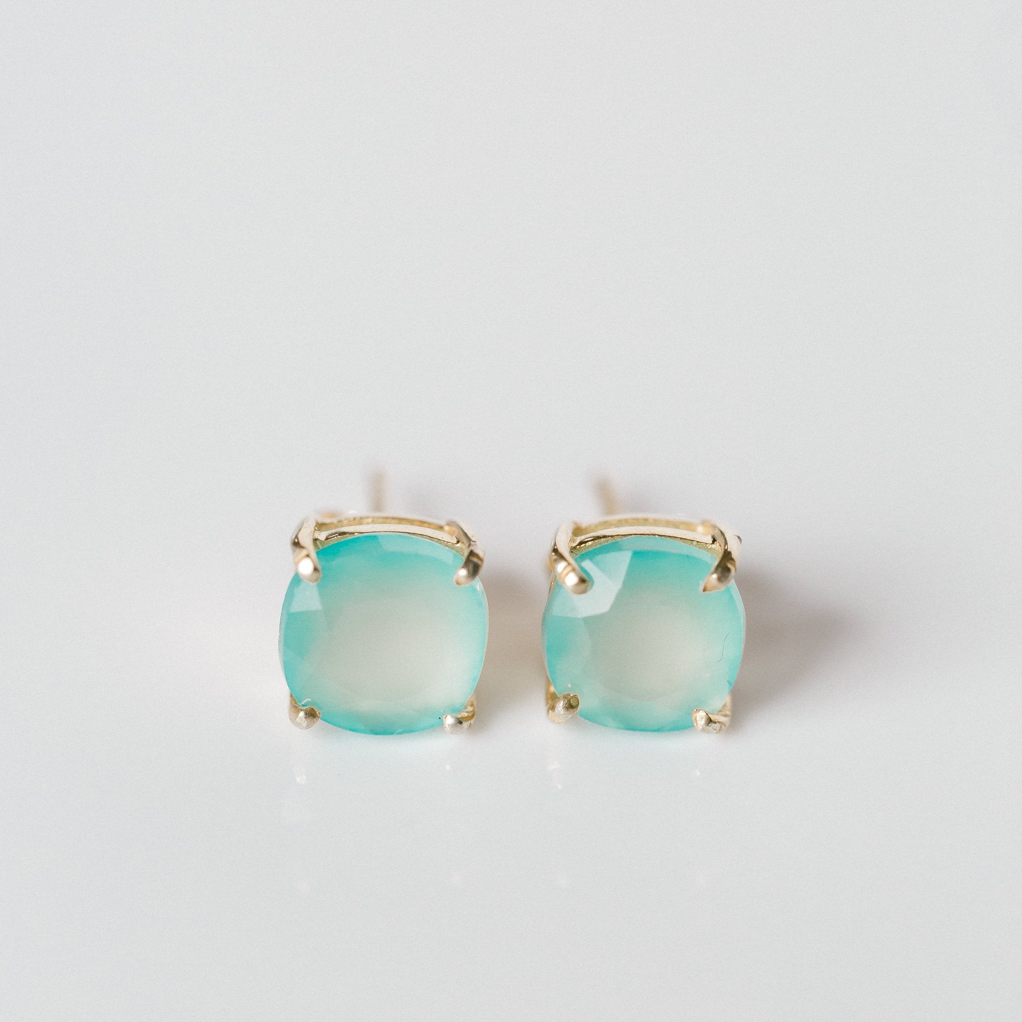 Emmy studs aqua chalcedony worn on ear – gold gemstone stud earrings Elli Parr