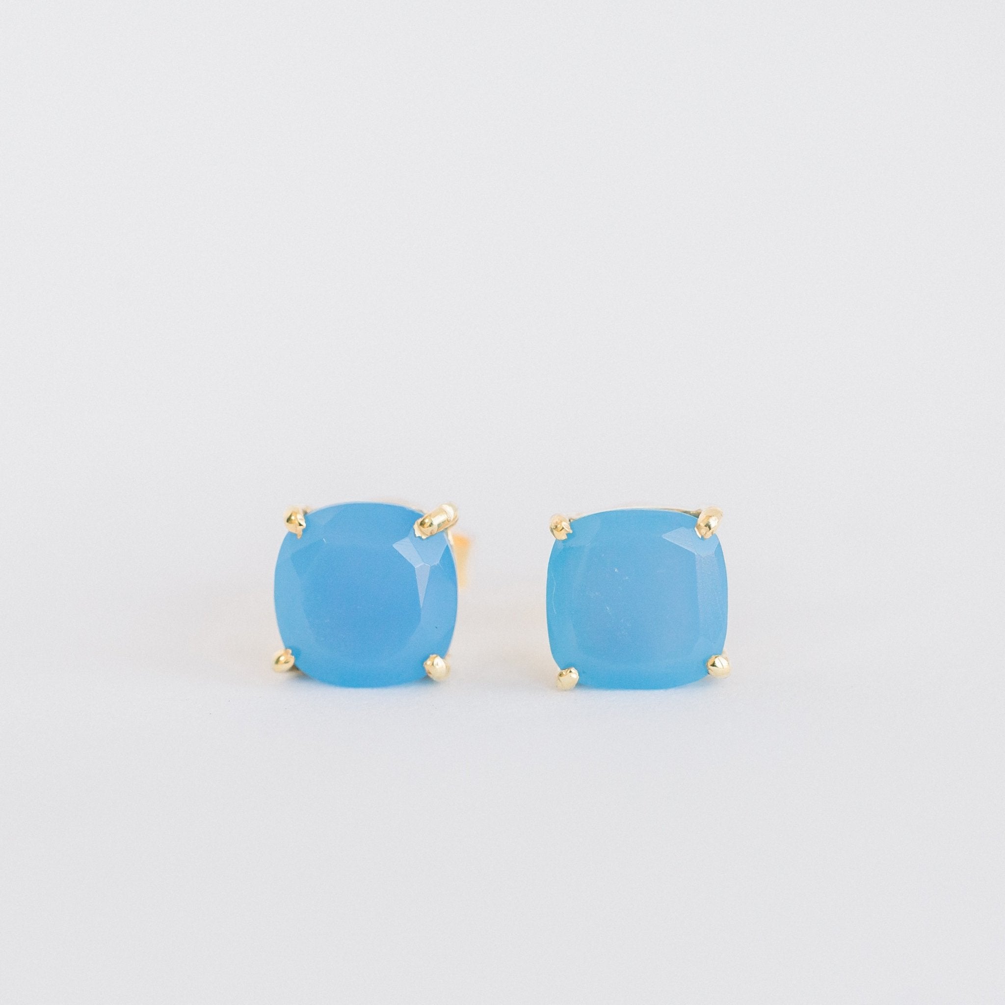 Emmy studs blue chalcedony worn on ear – gold gemstone stud earrings Elli Parr