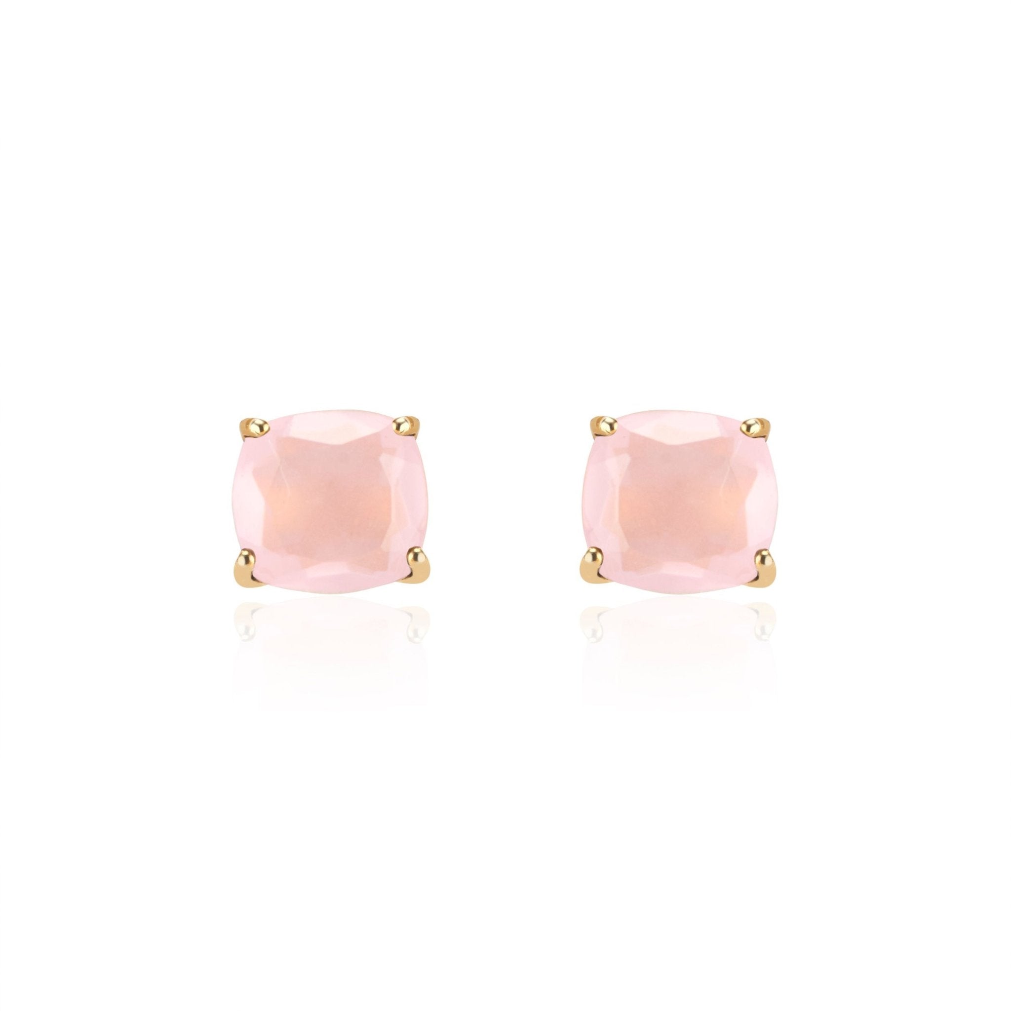 Emmy studs pink chalcedony cushion cut in four-prong gold setting – natural gemstone earrings Elli Parr