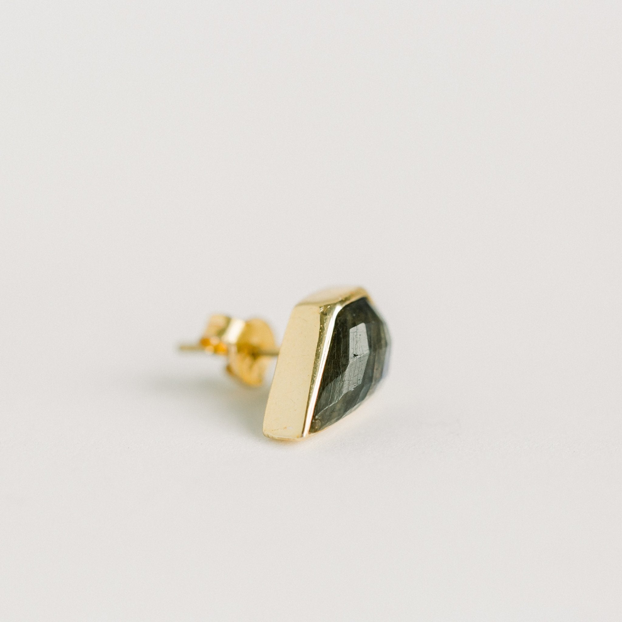 London studs labradorite styled on ear – dainty gemstone stud earrings by Elli Parr Vermont